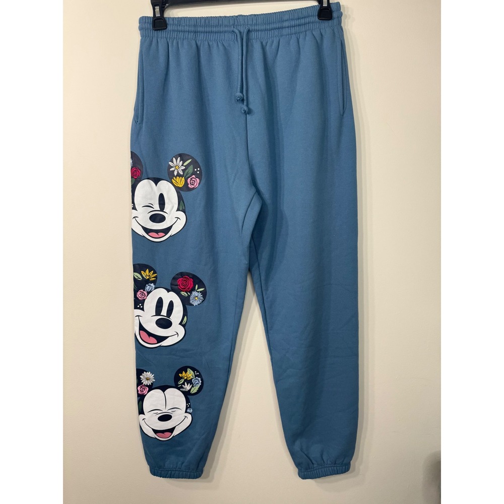 Disney Mickey Mouse Floral Graphic Sweatpants Blue Joggers Large